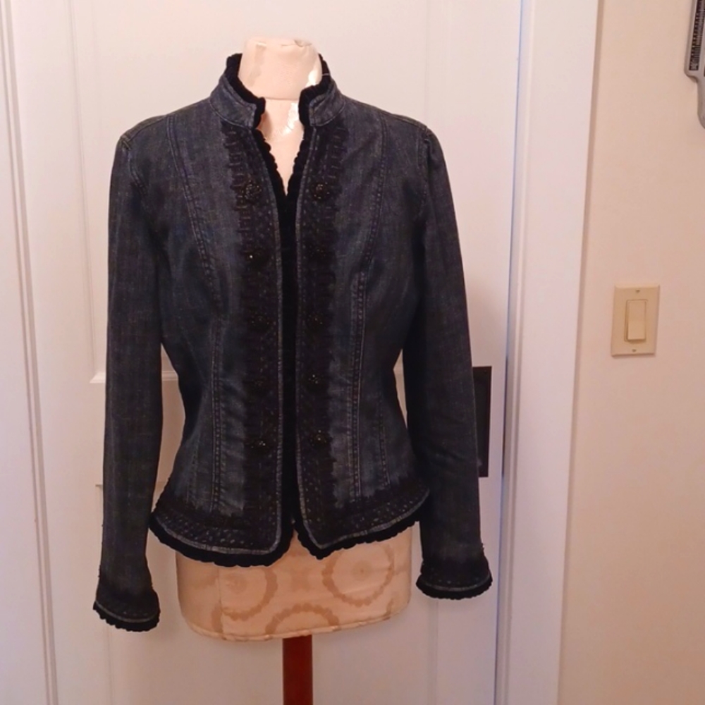 Denim Lace & Velvet Trimmed Fitted Jacket.
